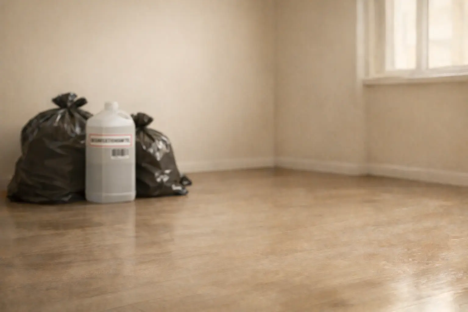 Professionelle Leichenfundortreinigung — Raum nach fachgerechter Reinigung mit Entsorgungssäcken und Desinfektionsmittel